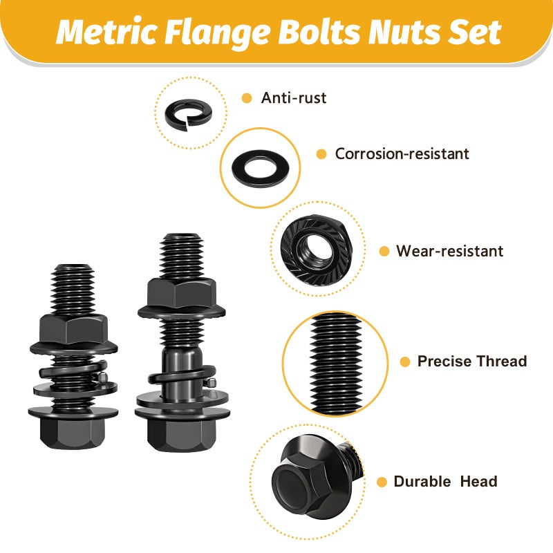 Kadrick Metric Flange Bolt Assortment Kit,700Pcs M6 M8 M10 Bolt Kit,M6-1.0 M8-1.25 M10-1.25 (12mm to 45mm) Hex Bolts Nuts and Washers Kit,Black Zinc Plated - Image 3